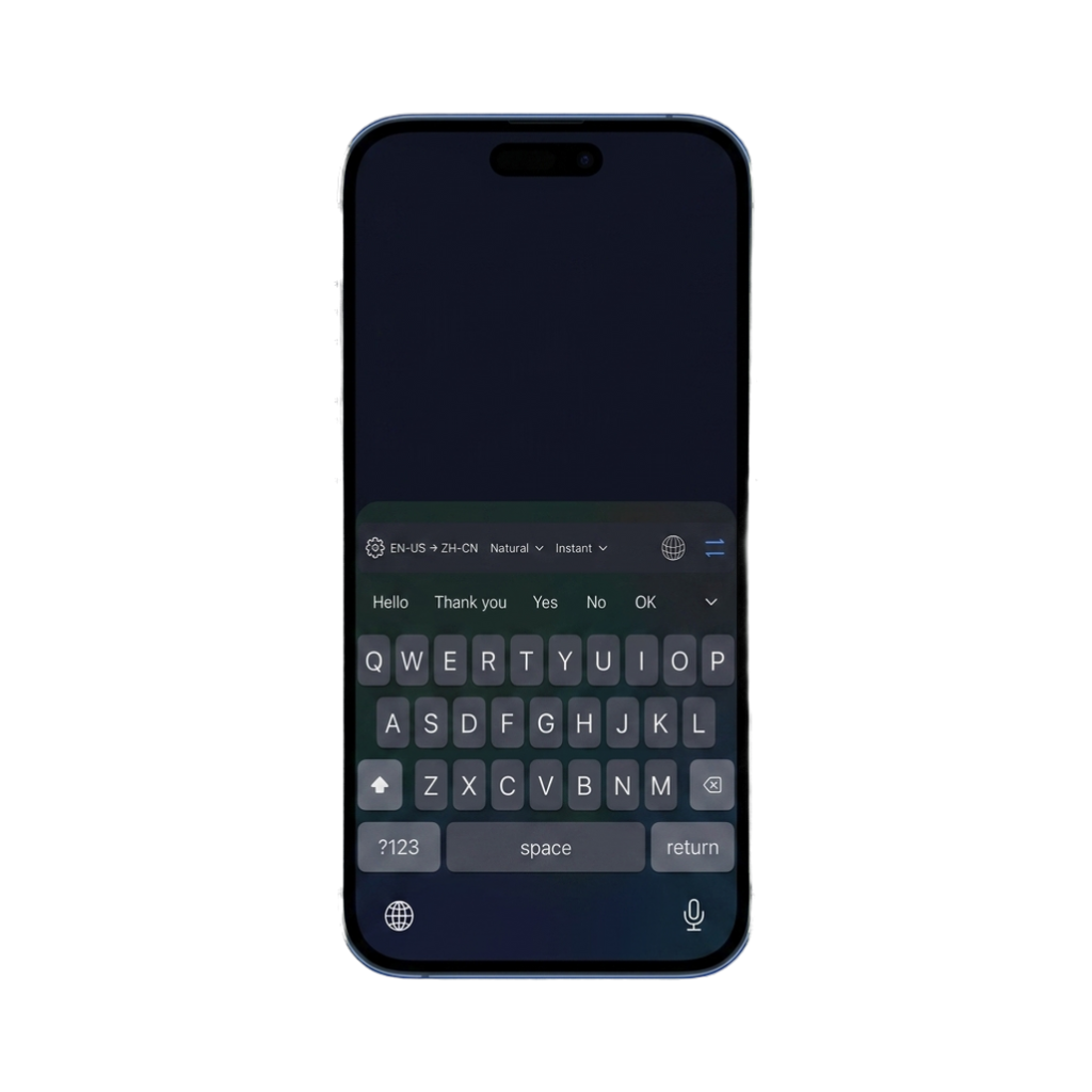 LingoKey translation controls on an iPhone keyboard